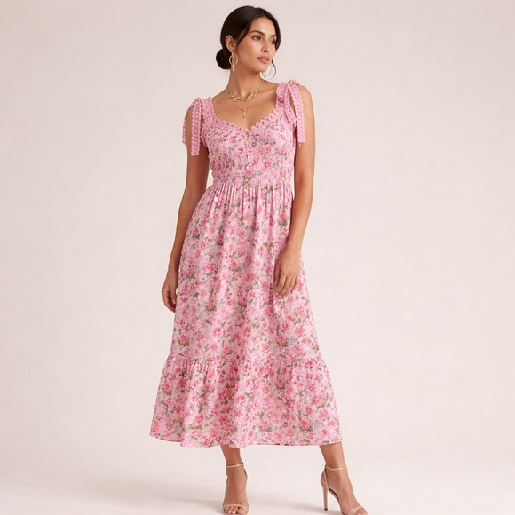 Blu Pepper Pink Floral Dress Cottagecore Lace Trim Feminine Romantic Summer M - Picture 9 of 10